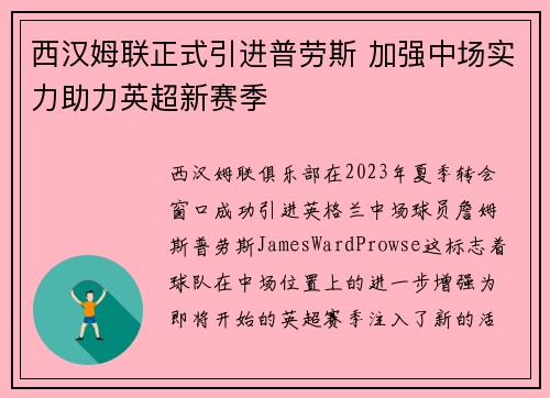 西汉姆联正式引进普劳斯 加强中场实力助力英超新赛季